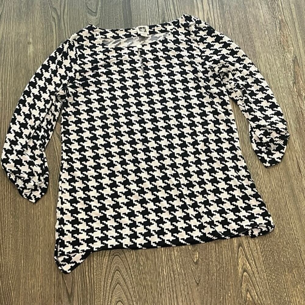 Anne Klein Tunic Blouse Long Sleeve Pullover Houndstooth Black White Size S